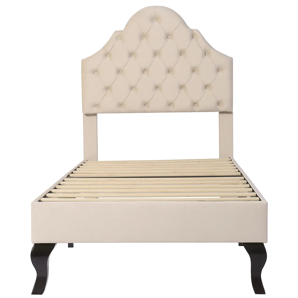 Gestoffeerd Bed – Eenpersoonsbed – Slaapbank – Lattenbodem Bed – Hoofdbord Bed – 90x200 cm – Hoog Hoofdbord Verstelbaar – Zachte Beige Velvet Bekleding - QUORE