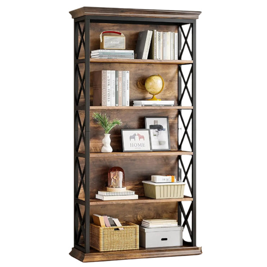 Boekenkast – Boekrek – Wandkast – Opbergkast – Industrieel Design – Stalen Frame – Waterbestendige MDF Planken - 80 x 30 x 180 cm - Bruin