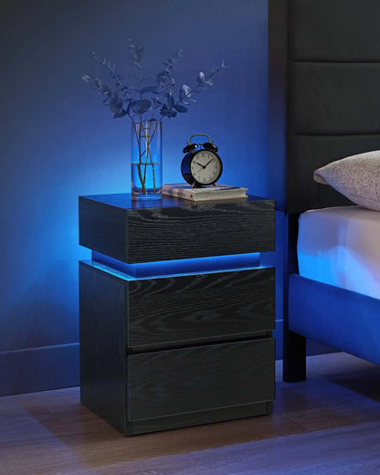 Nachtkastje - Bijzettafel - Salontafel - met LED Verlichting - Kast met 3 Lades - Moderne - Verstelbare Kleuren & Modus – voor Slaapkamer - Woonkamer - Kantoor - Zwart - QUORE