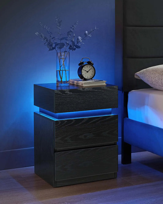 Nachtkastje - Bijzettafel - Salontafel - met LED Verlichting - Kast met 3 Lades - Moderne - Verstelbare Kleuren & Modus – voor Slaapkamer - Woonkamer - Kantoor - Zwart - QUORE