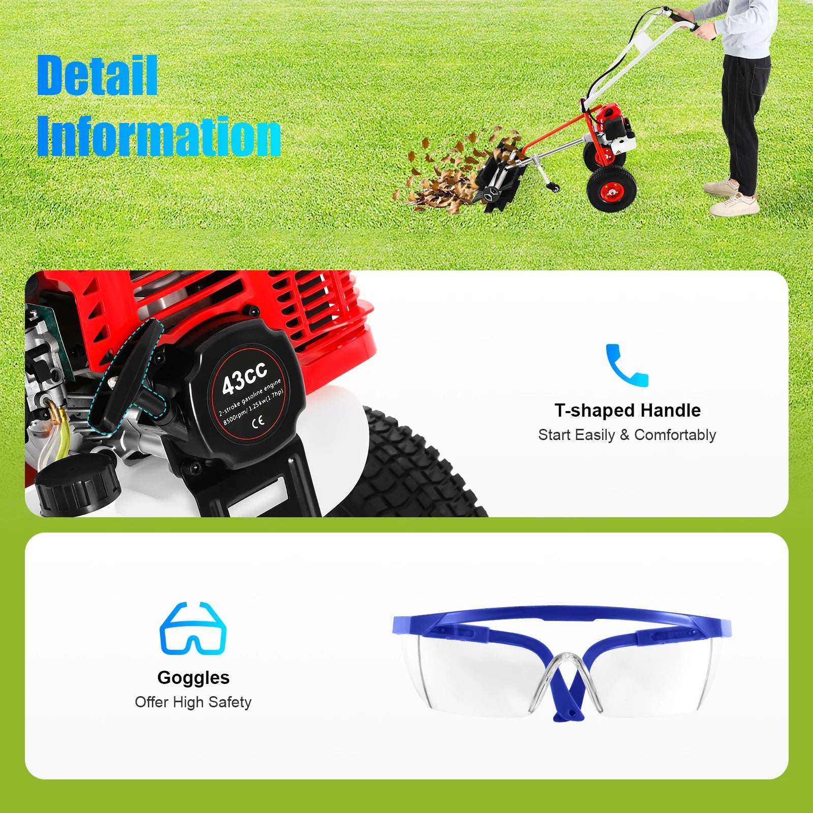 Bladveger – Bladblazer – Veegmachine – Tuinveger – Benzine-Aangedreven – 1,7 PK Motor – 60 Cm Werkbreedte - QUORE
