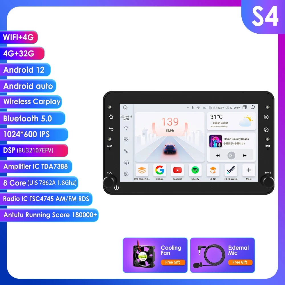 7" Autoradio – Multimedia Speler – 2DIN Radio – GPS Navigatie – 4G Android Auto – Android 13 OS – 1024x600 HD Touchscreen