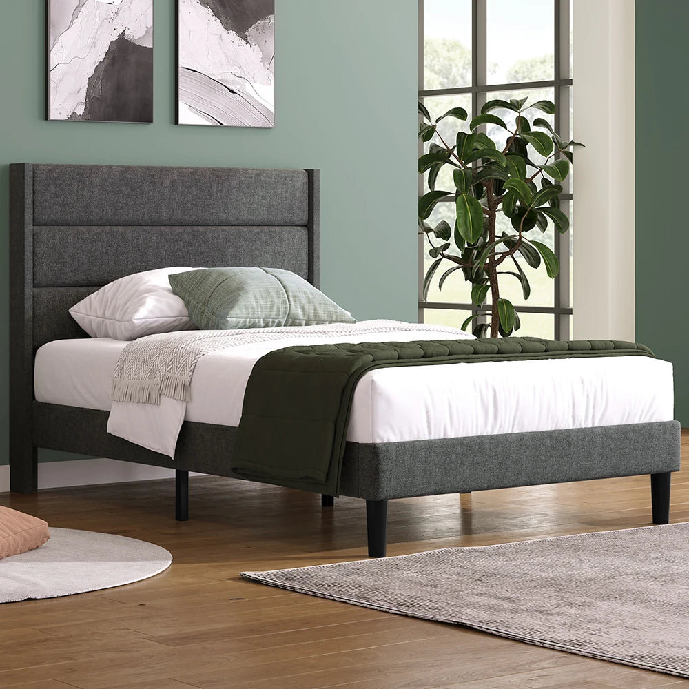Bed 90x200 cm – Eenpersoonsbed – Slaapbank – Bedframe – Gestoffeerd Bed – Donkergrijs Linnen – Gestoffeerd Hoofdbord – Stevig Metalen Frame - QUORE