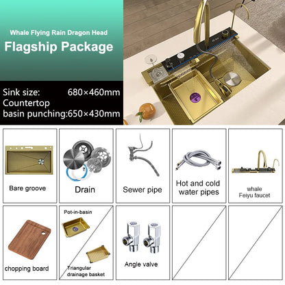 Stainless Steel Kitchen Sink With Waterfall Single Bowl Digital Display Extra Large Slot Multifunctional Washing Sinks