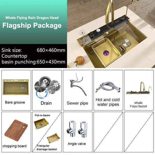 Stainless Steel Kitchen Sink With Waterfall Single Bowl Digital Display Extra Large Slot Multifunctional Washing Sinks