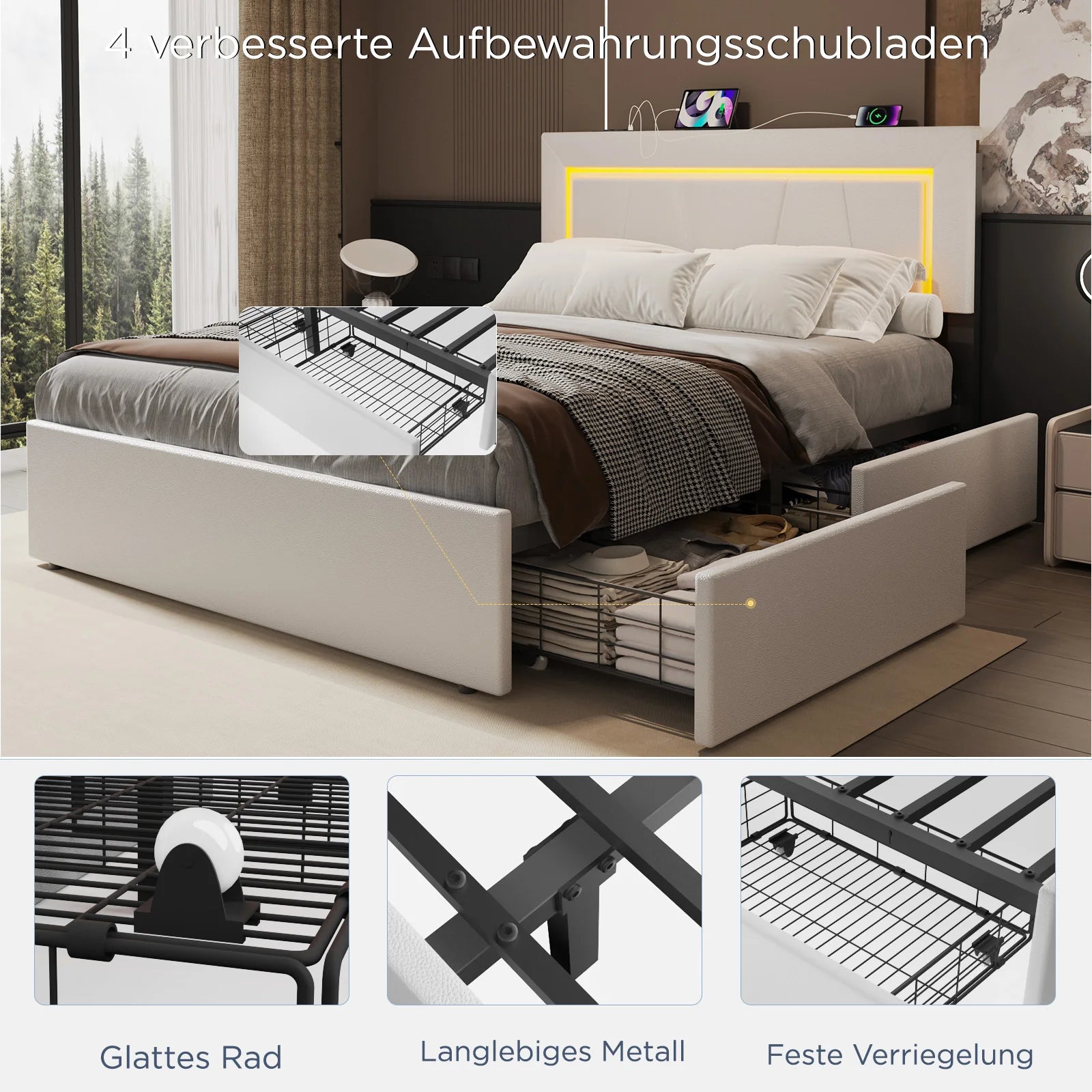 Led Boxspringbed – Gestoffeerd Bed – Opbergruimte Bed – Bedframe Met LED Verlichting – Boxspringbed 140x200 cm – Ingebouwde USB & AC Stopcontacten – Hoogwaardig PU Kunstleer - 90x200cm - Wit - QUORE