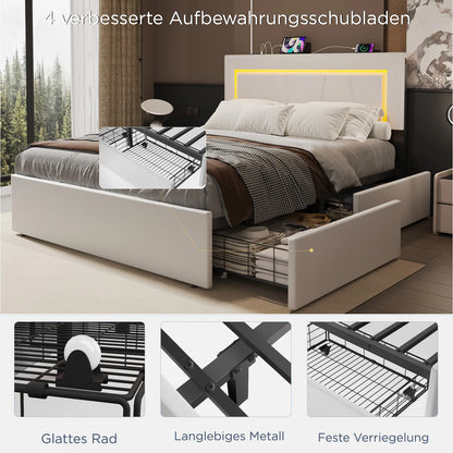 Led Boxspringbed – Gestoffeerd Bed – Opbergruimte Bed – Bedframe Met LED Verlichting – Boxspringbed 140x200 cm – Ingebouwde USB & AC Stopcontacten – Hoogwaardig PU Kunstleer - 90x200cm - Wit - QUORE