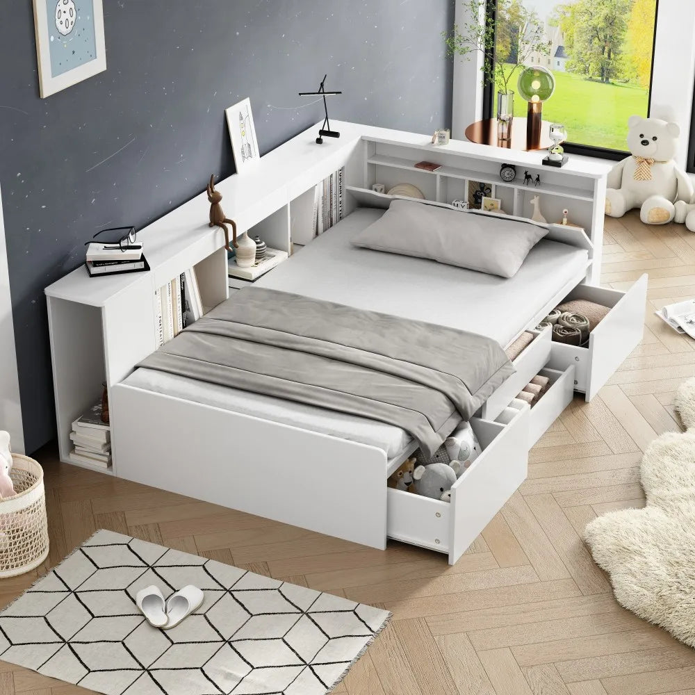 Bedbank Kinderen – Kinderbed – Jeugdbed – Eenpersoonsbed – Kinderbedbank – Met 4 Laden – MDF Wit 90x200 cm