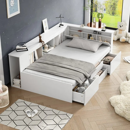 Bedbank Kinderen – Kinderbed – Jeugdbed – Eenpersoonsbed – Kinderbedbank – Met 4 Laden – MDF Wit 90x200 cm