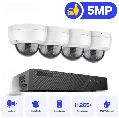 Beveiligingscamera - 5MP - 4 Stuks - Camerabewaking - Draadloos - voor Buiten - FHD - POE Netwerk Video Beveiligingssysteem - H.265 + 6MP NVR - met 5MP Weerbestendige - Nachtzicht - Audio In - IP Camera - 4TB HDD - Ronde - Wit