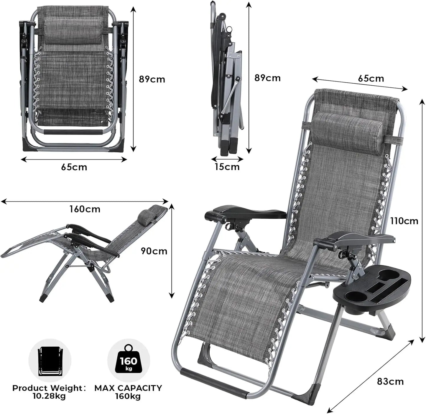 Ligstoel - Tuinstoelen - Strandstoel - Klapstoel - Zero Gravity - Opvouwbare - Draagvermogen van 160KG - Comfortabele Buitenkussens, Verstelbaar, Voor Tuin en Terras - Tuinset – Campingstoel – Tuinstoel – Set van 2 - Zwart