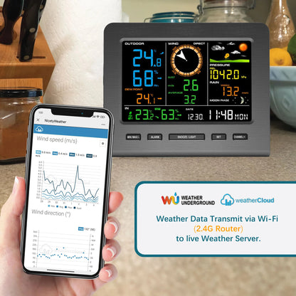 Complete Personal Remote Monitoring Wi-Fi Weather Station Indoor/Outdoor Temp & Humidity Wind Speed Direction Rain Fall Data