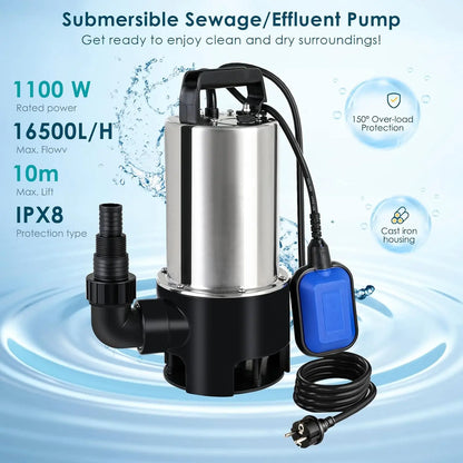 Dompelpomp - Vuilwaterpomp - Waterpomp – 1100W voor Vuil Water - 16500 L/h – Met Vlotterschakelaar – Zwart/Blauw