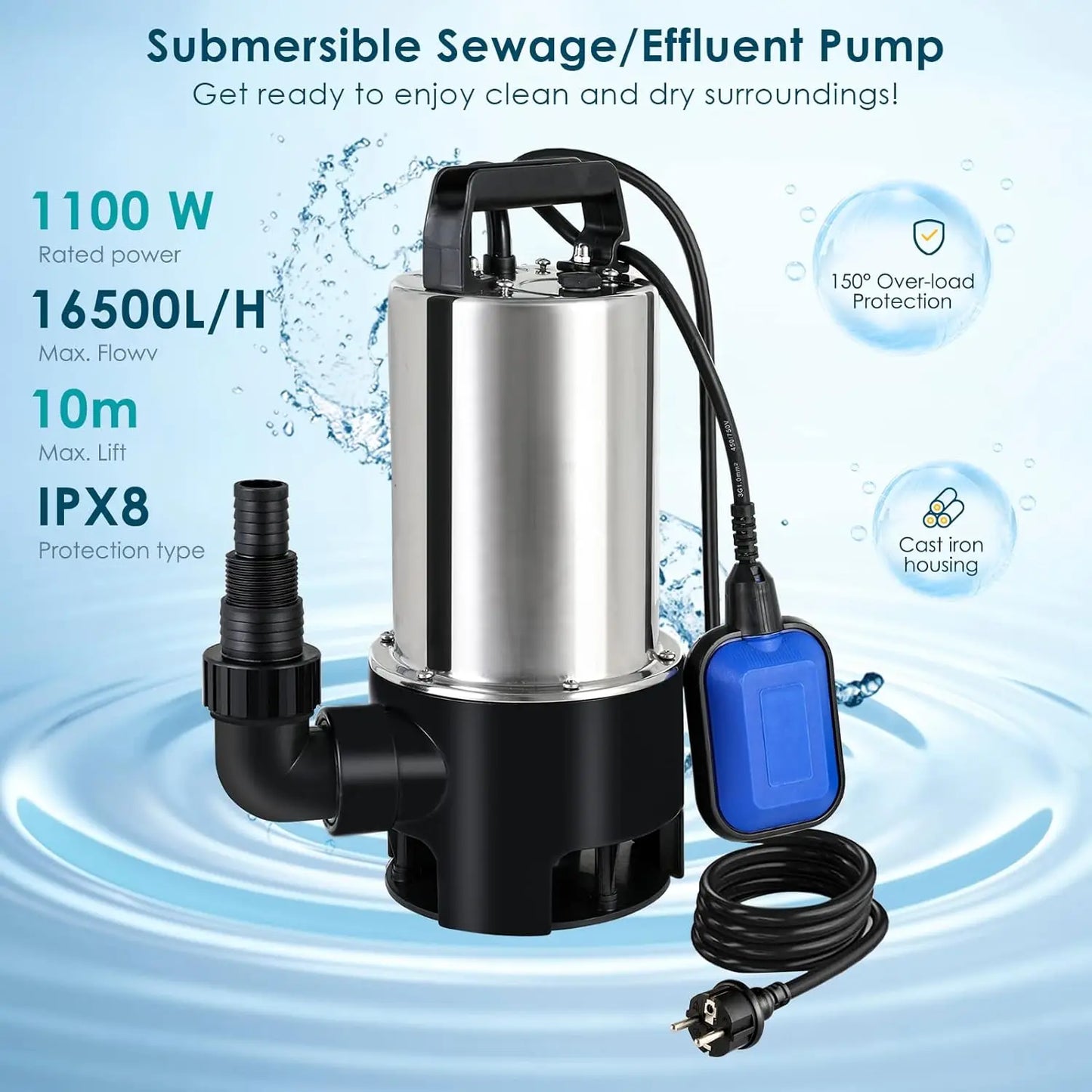 Dompelpomp - Vuilwaterpomp - Waterpomp –  1100W voor Vuil Water – 16500 L/h – Met Vlotterschakelaar – Groen