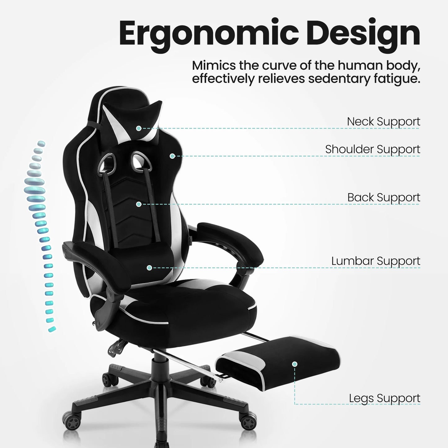 Ergonomische Gaming- en Bureaustoel – Comfortabele Werkstoel – Verstelbare Rugleuning – Voetensteun – Stof – Maximale Draagkracht 120 Kg – Zwenkwielen - Wit