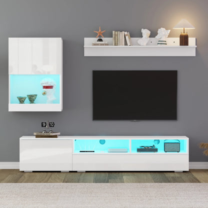 TV Meubel – TV Kast – TV Wandmeubel – TV Dressoir – TV Rek – Hoogglans Wit – LED Verlichting – Complete 3-Delige Set 175x39x34 cm - QUORE