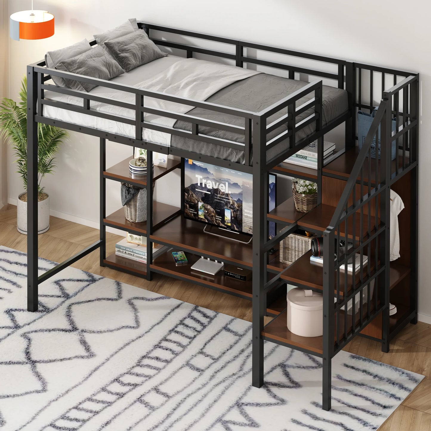 Kinder-Hoogslaper – Stapelbed – Halfhoogslaper – Kinderbed – Hoogslaper – 90x200 CM Zonder Matras – Met Tv-Standaard – Ingebouwde Stopcontacten