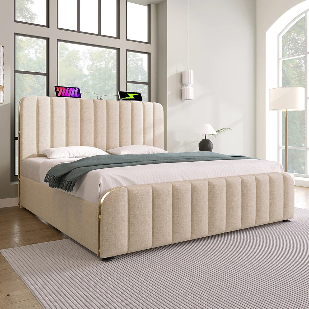 Tweepersoonsbed – Bed – Slaapbed – Boxspring – Bedframe – Beige Linnen – 180x200 cm – Geïntegreerde USB en Type-C Oplaadpunten – 4 Ruime Opberglades