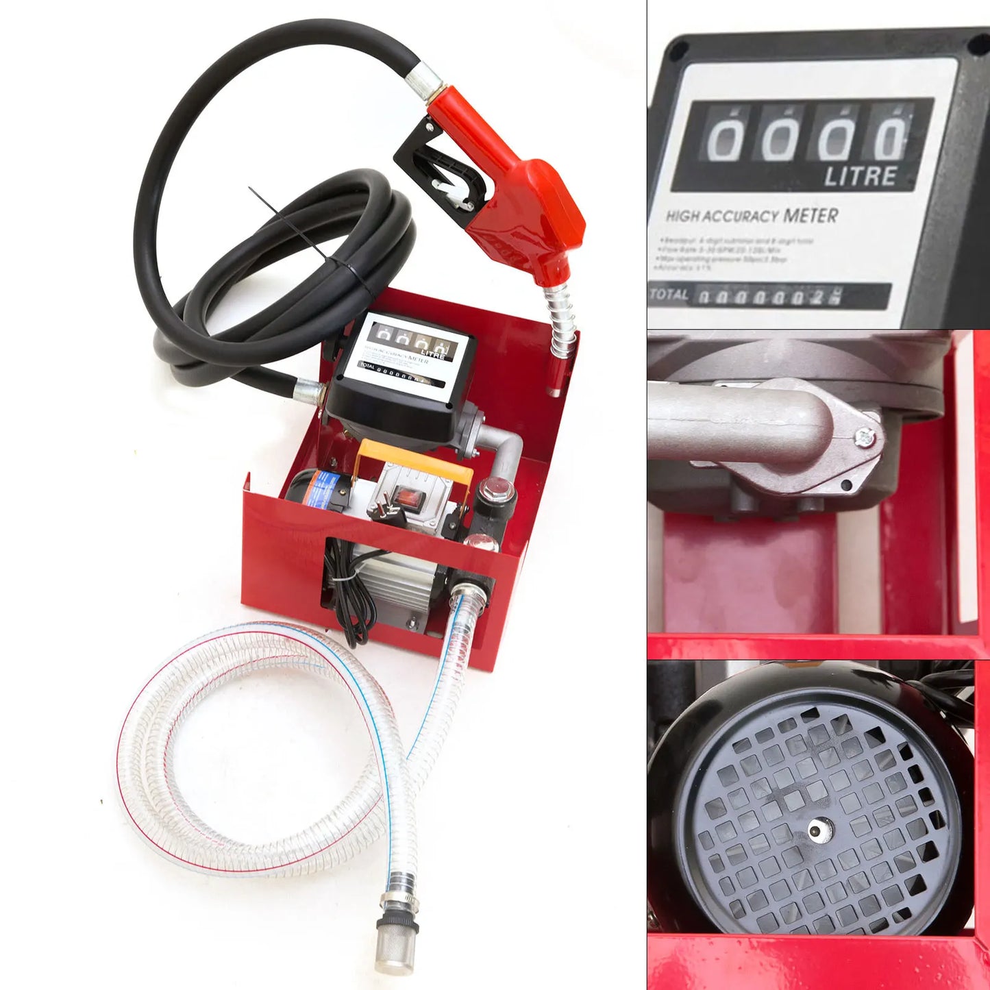 Dieselpomp - Brandstofpomp - Oliepomp - Vloeistofpomp - Automatische - Diesel Transferpomp - 220V - Zelfaanzuigende Oliepomp met Nozzle & Slang – 60L/min – Rood - QUORE