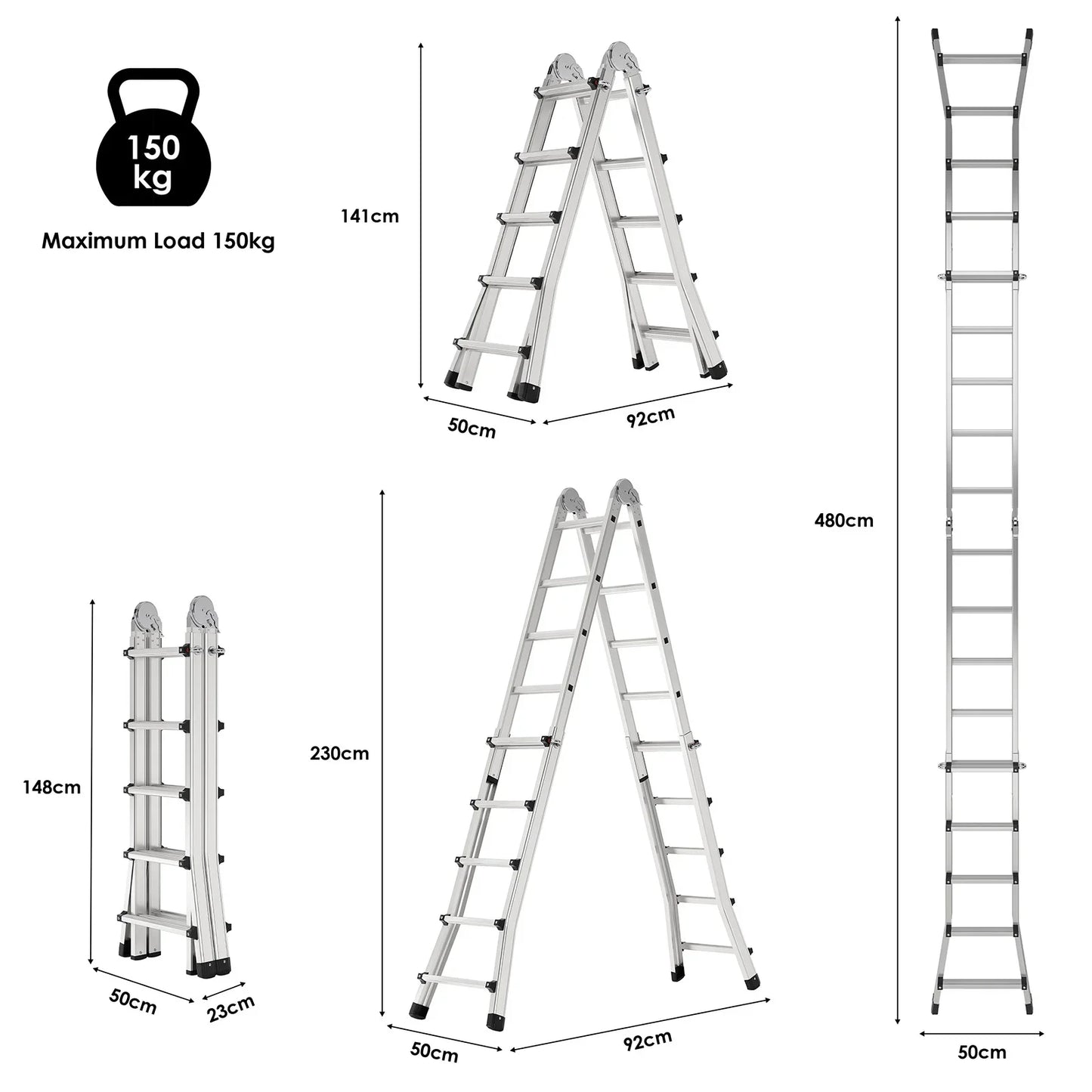 Telescoopladder - Ladder - Vouwladder - Schuifladder - 4,8 Meter - 150kg Draagvermogen - Inklapbare Aluminium Ladder - voor Buitenklussen