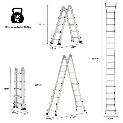 Telescoopladder - Ladder - Vouwladder - Schuifladder - 4,8 Meter - 150kg Draagvermogen - Inklapbare Aluminium Ladder - voor Buitenklussen