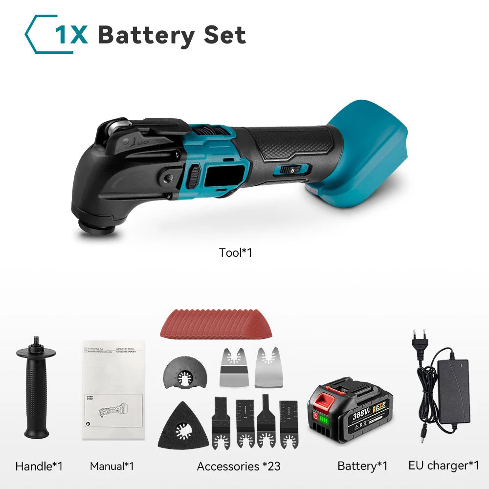 Oscillerende Multitool - Borstelloze - Multifunctionele Tool - Elektrische Zaag - Trimmer - Schop - Polijstmachine -Houtbewerking Tool - voor 18V-21V Batterij - met 1 Accu - 8500-24000PM - Blauw