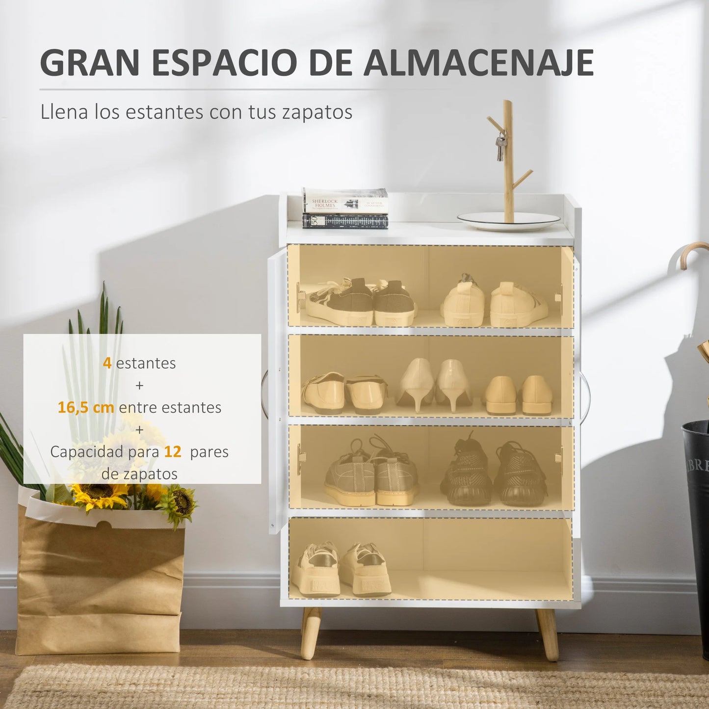Schoenrek - Schoenenkast - Voor 12 Paar Schoen - Met 4 Planken - 2-deuren - Houtmelamine - Hout - 60 x 30 x 92 cm - Wit - QUORE