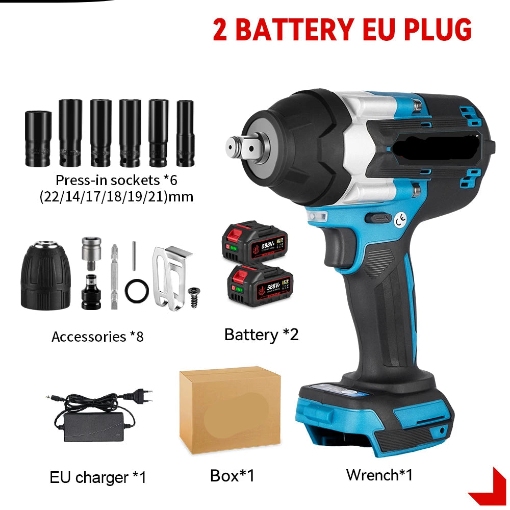 Slagmoersleutel - Slagschroevendraaier - Slagmoermachine -  Slagmoersleutel met Accu - Slagmoersleutel Elektrisch -  1800NM - 1/2" - Draadloze Impact Schroevendraaier met 2 Batterijen, EU-Stroomadapter en 12 Accessoires