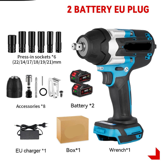 Slagmoersleutel - Slagschroevendraaier - Slagmoermachine -  Slagmoersleutel met Accu - Slagmoersleutel Elektrisch -  1800NM - 1/2" - Draadloze Impact Schroevendraaier met 2 Batterijen, EU-Stroomadapter en 12 Accessoires