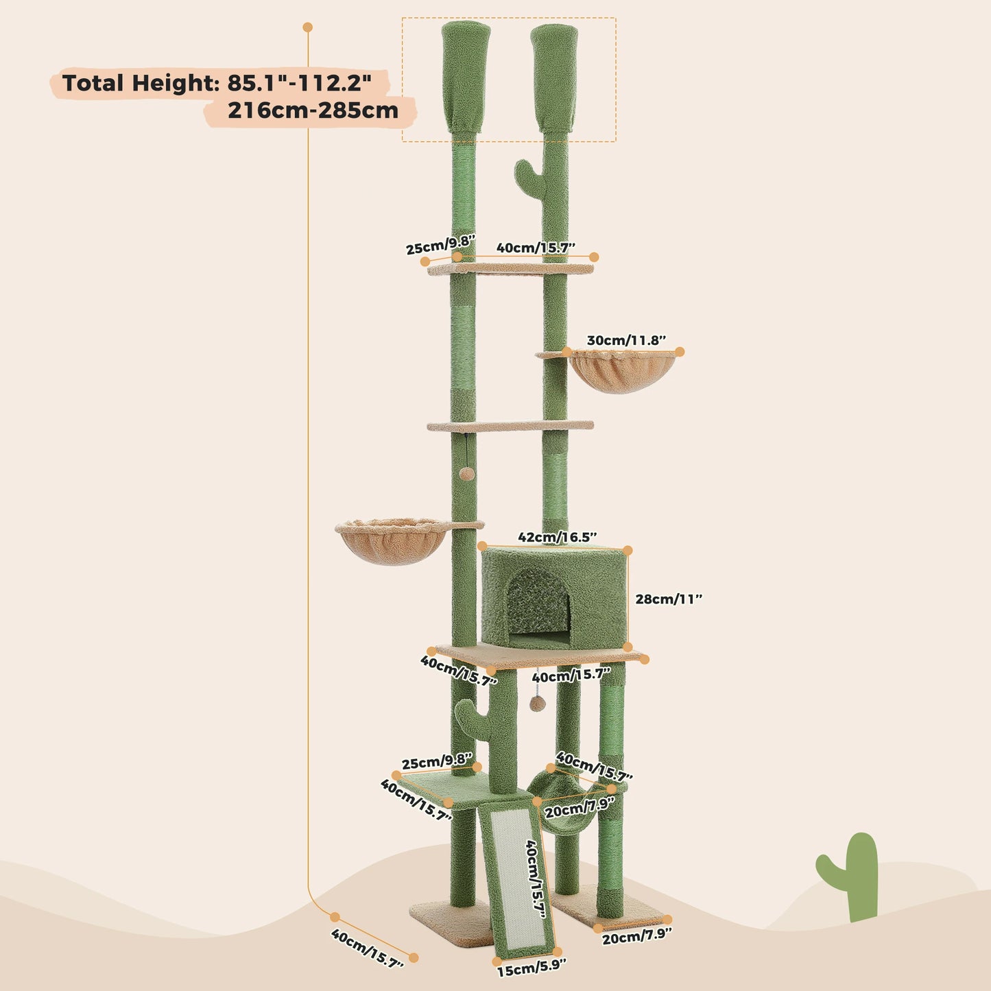 Cactus Kattentoren – Verstelbare Krabpaal met Sisal, Hangmat en 2 Mandjes – Kattenkrabpaal voor Meerdere Katten – Hoogte 216-285 cm – Kattenmeubel – Groen