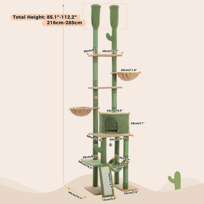 Cactus Kattentoren – Verstelbare Krabpaal met Sisal, Hangmat en 2 Mandjes – Kattenkrabpaal voor Meerdere Katten – Hoogte 216-285 cm – Kattenmeubel – Groen