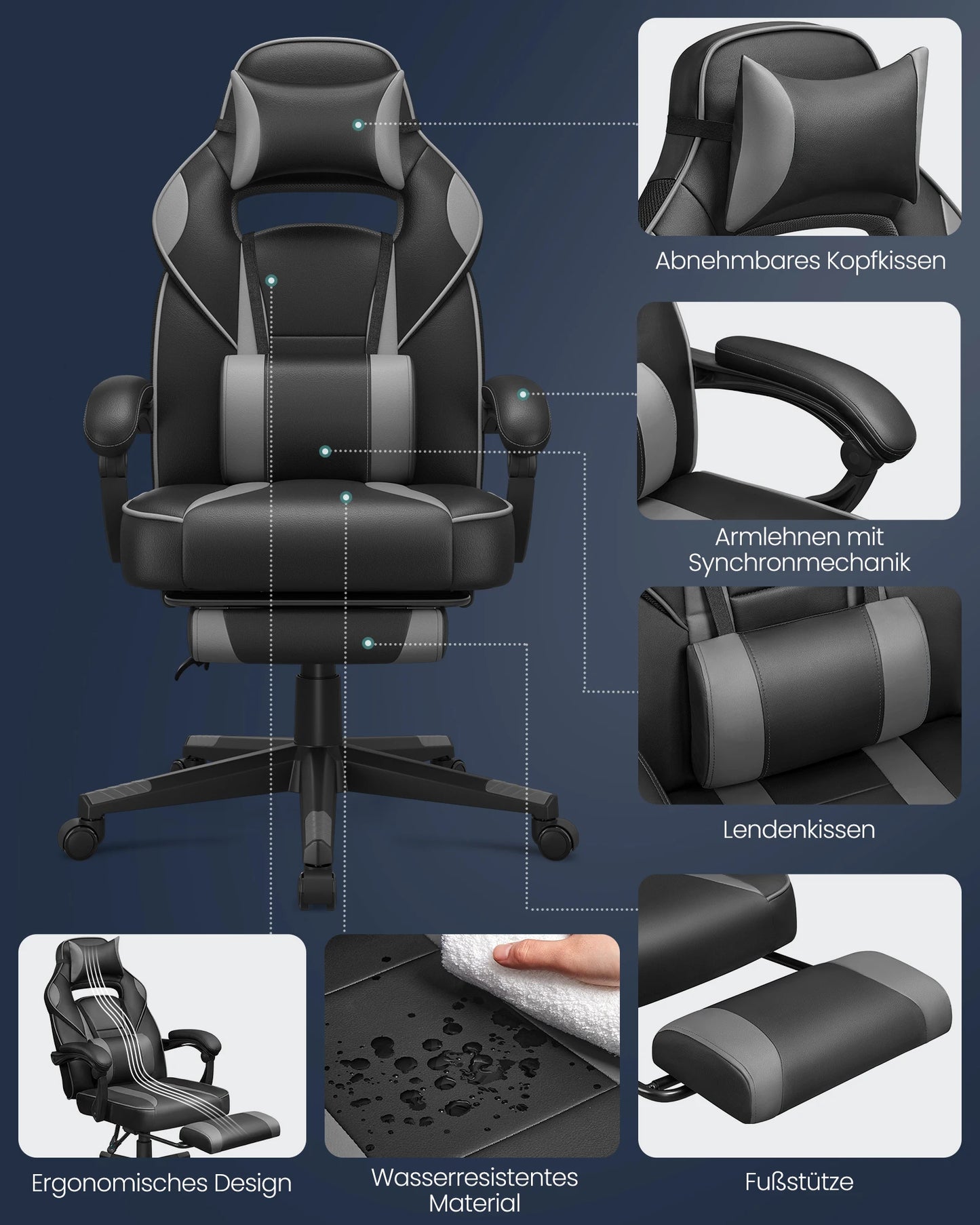 Gaming Stoel - Bureaustoel - Swivel Stoel - met Voetsteun - Hoofdsteun - Verstelbare - Rugleuning - Lendenkussen - Ergonomische - Draaibare - 67 x 66 x 116-126 cm - Zwart/Grijs
