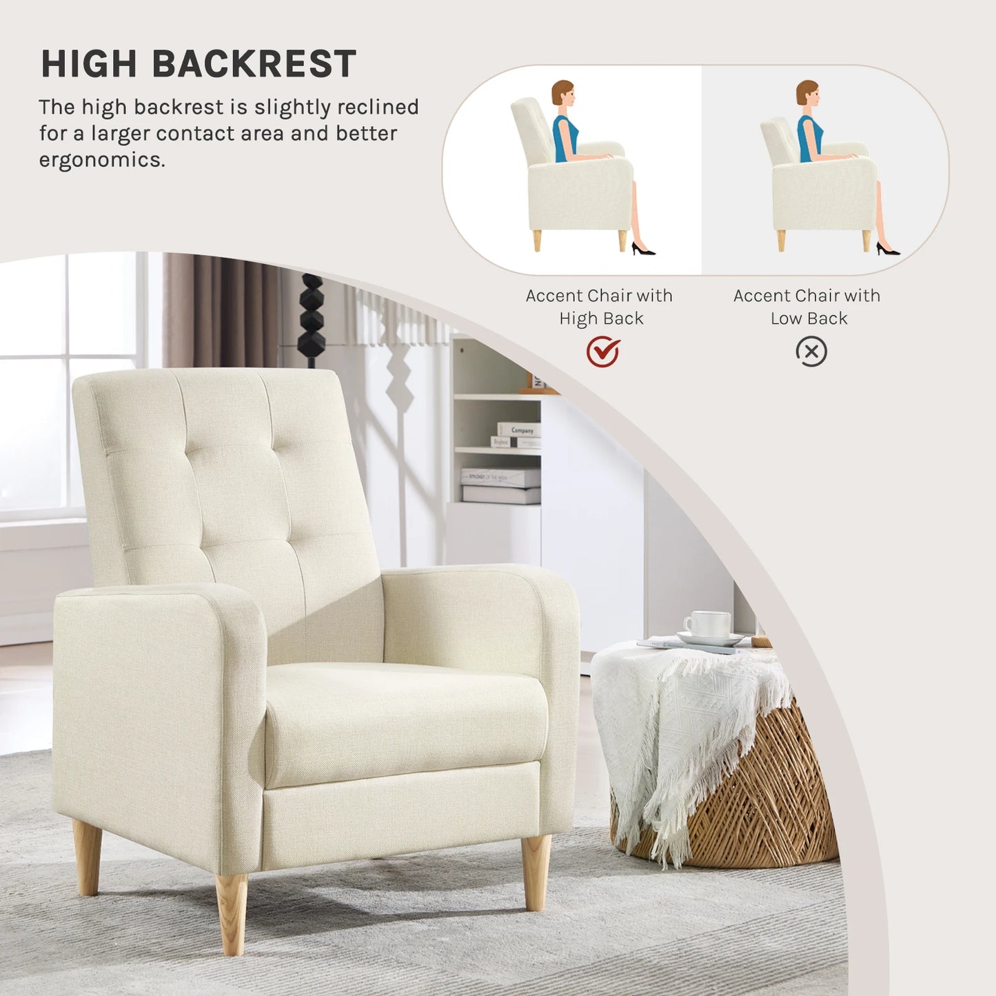 Lounge stoel – Fauteuil – Relaxstoel – Zetel – Leunstoel – Modern ontwerp – Linnen bekleding – Massief houten poten – Comfortabele zithoogte 43 cm – Compact formaat 68x90,5x73,5 cm