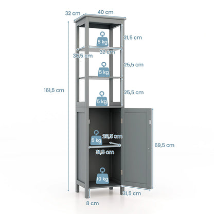 Hoge Kast met 5 Niveaus – Smalle Vrijstaande Badkamerkast met Verstelbare Planken & Deuren – Opbergkast voor Woonkamer of Badkamer – 40 x 32 x 160 cm – Grijs
