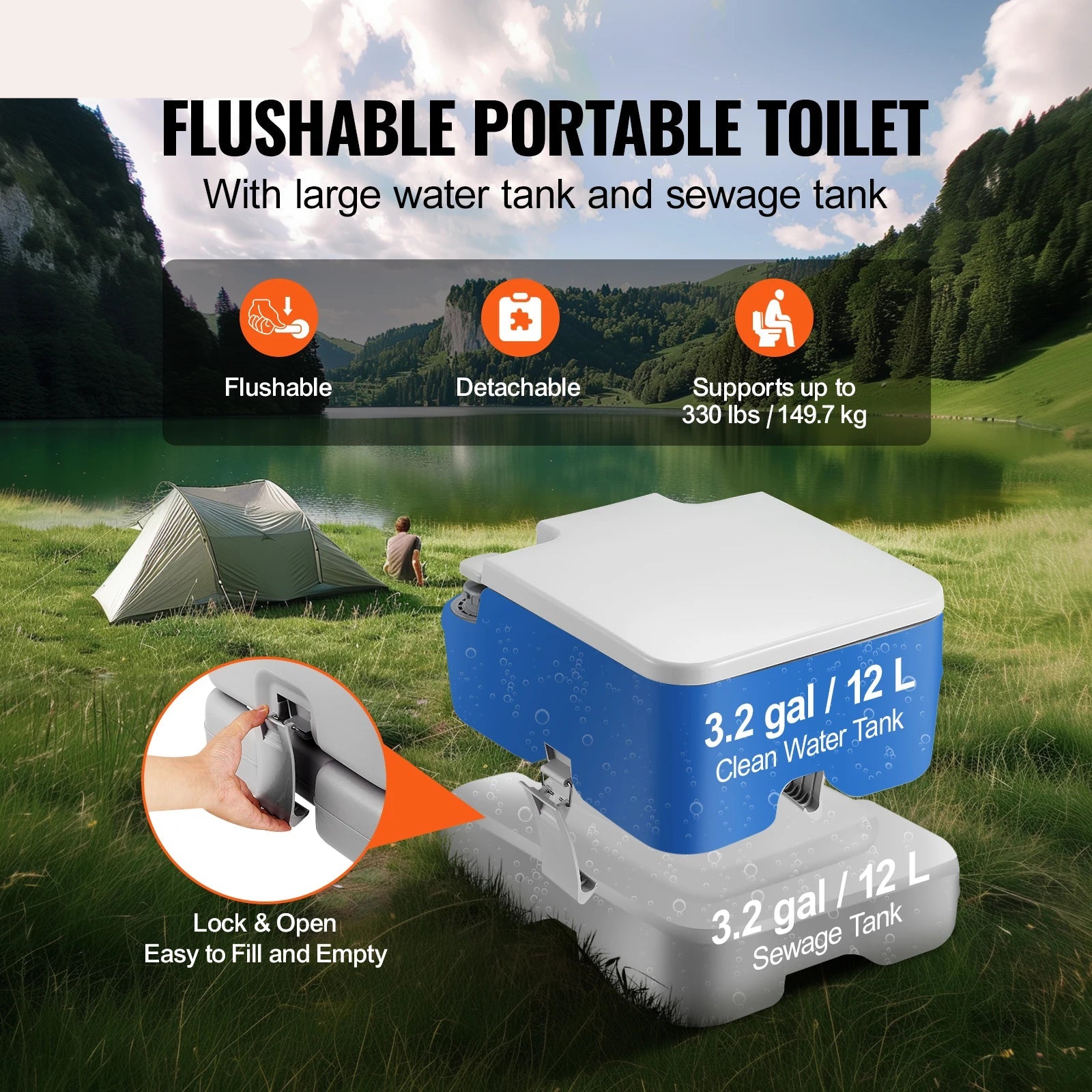 Camping Toilet - Porta Potti - Camping wc - Draagbaar Toilet - Portable Toilet - 3.2 Gal - Compact, Geurloos en Lekvrij Toilet met Drukspoeling - voor Kamperen en Outdoor Gebruik - Meeneembaar Toilet - Chemisch Toilet - QUORE