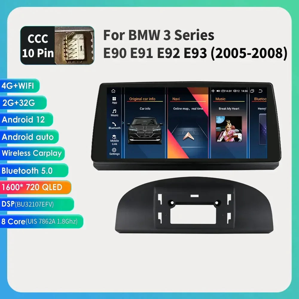 2DIN Android Autoradio – Multimedia Systeem – Navigatie Unit – Touchscreen Radio – Auto Entertainment – 10,33 Inch QLED Scherm – 8GB RAM 128GB Opslag – GPS & CarPlay Support – BMW E60 05-08 CCC Variant