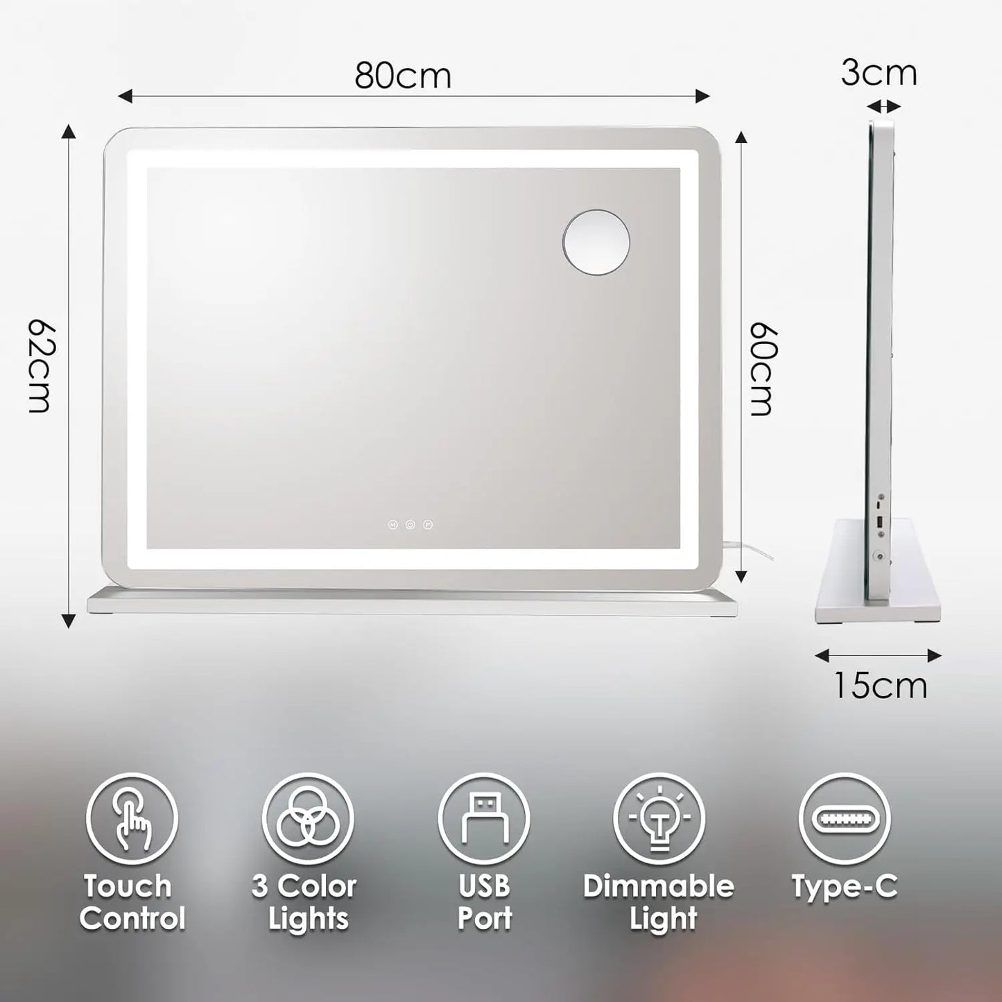 Make-up Spiegel – Visagiespiegel – Hollywood Spiegel – Verlichte Spiegel – Kosmetikspiegel – 80x60 cm Groot – Met USB & Type-C Oplaadpoort - Zwart
