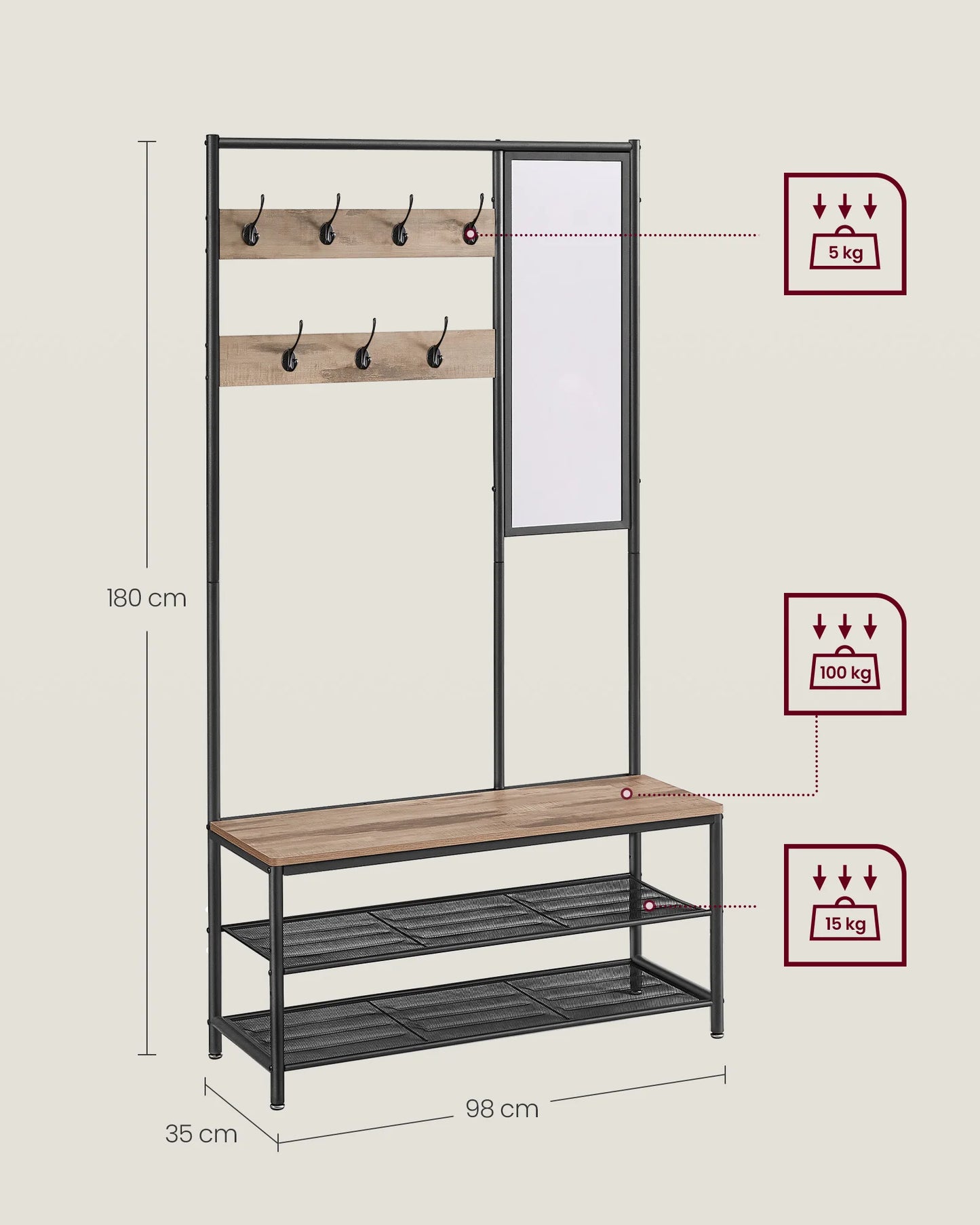 Multifunctionele Kapstok met Spiegel en Schoenenrek - 7 Haken - Zwart met Camel Bruin - 98 cm Bank en Verstelbare Plank - Robuuste Kledinghanger voor Hal en Entree