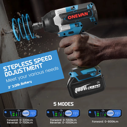 Accu Slagmoersleutel – Impact Wrench – Elektrische Moersleutel – Schroefmachine – Boormachine – Variabele Snelheid – 1000 N.m Koppel – 2 Batterijen Blauw