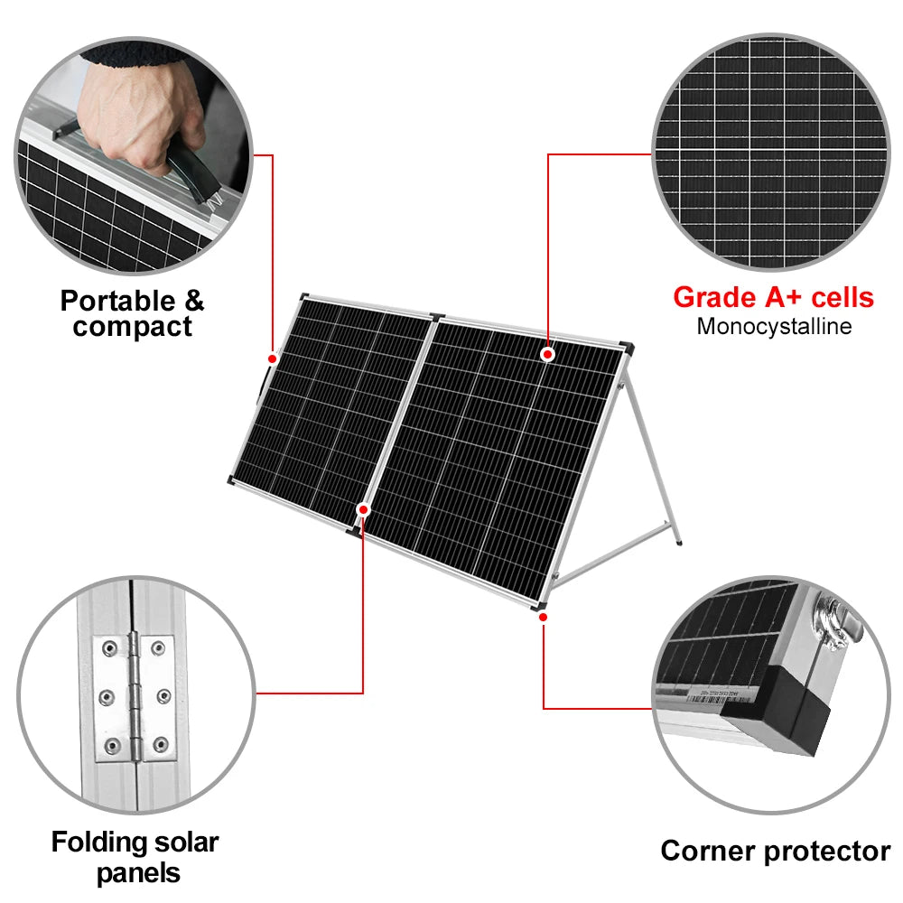DOKIO 200W 18V Glass Folding Monocrystalline Waterproof Solar Panel with 12V Controller Kit from China Easy to Carry #FSP-200M