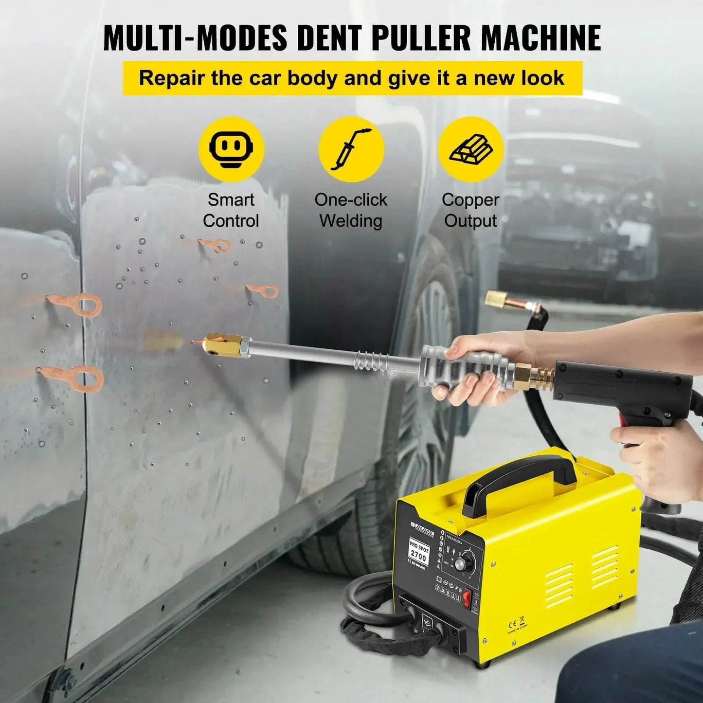 Spot Deuken Puller – Deukentrekker – Dent Puller – Spotwelder – Deuken Verwijderen – 3500A Max Stroom – 5 Lasstanden - 2600 - Geel