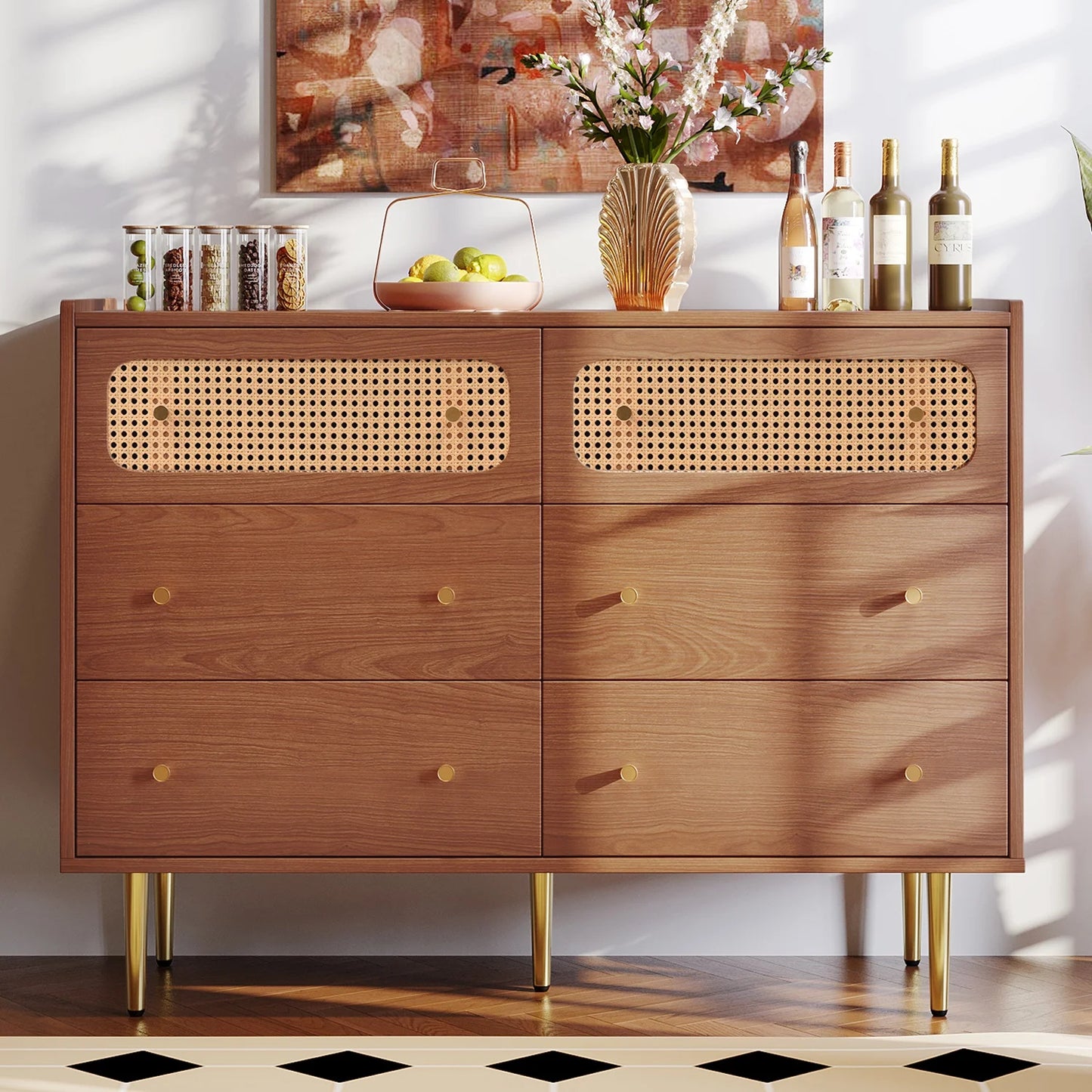 Kast – Ladekast – Opbergkast – Meubel – Vintage Kast – 6 Ruime Lades – Walnootkleurige Afwerking