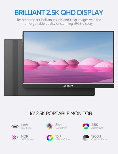 16 Inch Draagbare Monitor – Extern Scherm – Mini Beeldscherm – Tweede Scherm – Gaming Monitor – IPS Scherm – 2.5K Resolutie – Aluminium Behuizing - QUORE