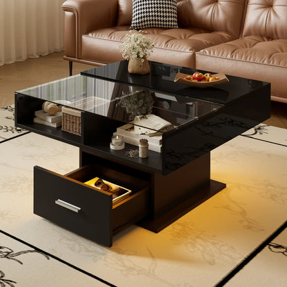 Salontafel – Koffietafel – Bijzettafel – Woonkamertafel – Multifunctionele Tafel – Verstelbare Hoogte – LED Verlichting – Hoogglans Zwart
