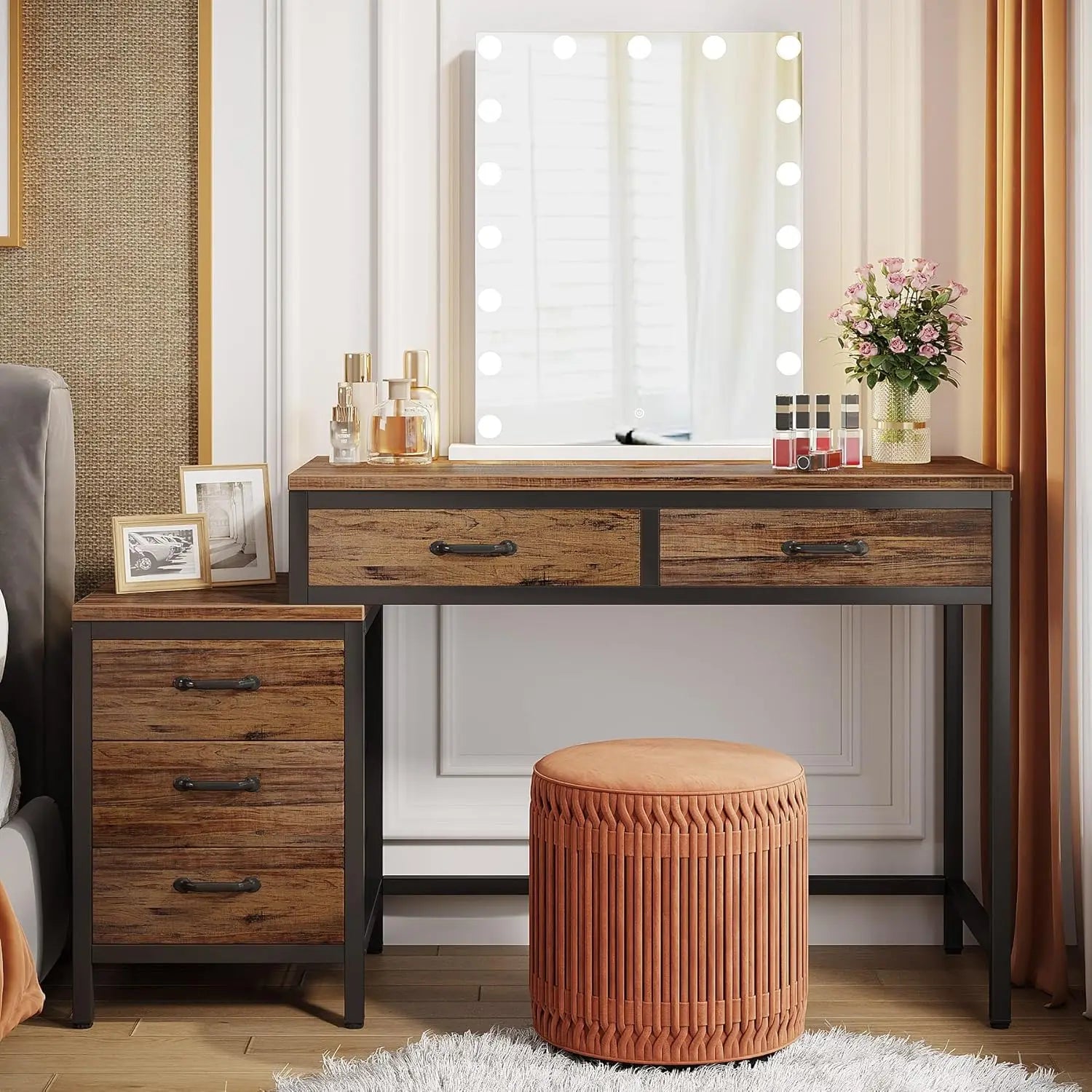 Make-up Tafel – Visagie Tafel – Schoonheidstafel – Beauty Tafel – Kaptafel – Bruin Hout – 5 Lades + Zijlade – Compact Design - QUORE