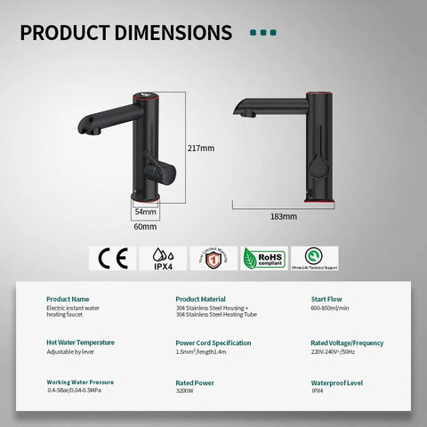 Elektrische kraan - Elektrische Kraan Keuken - Kokendwaterkranen - RVS Warmwaterkraan - 3200W - 2-in-1 - Heet - Koud - Digitaal Display - IPX4 - Badkamer - Metaal Zwart