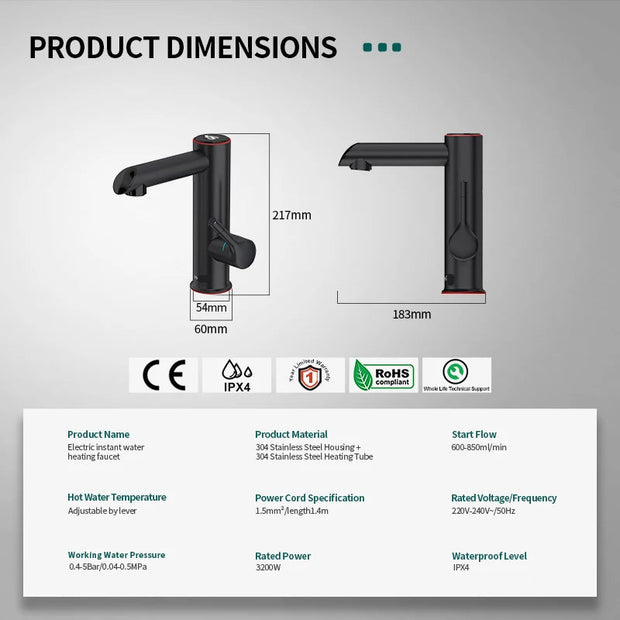 Elektrische kraan - Elektrische Kraan Keuken - Kokendwaterkranen - RVS Warmwaterkraan - 3200W - 2-in-1 - Heet - Koud - Digitaal Display - IPX4 - Badkamer - Metaal Zwart