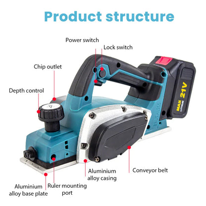 Schaafmachine - Elektrische Schaaf - Parallelgeleider - Opvangzak - Draadloze Elektrische Houtfrees - 1200W - 15000RPM - Brushless Motor - Houtbewerking Schaaf- en Freesmachine - 1 Accu