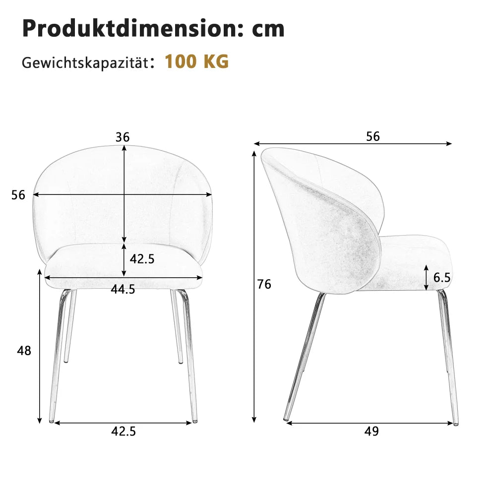 Fluwelen Eetkamerstoelen – Armleuningen – Luxe Stoelen – Comfortabele Stoelen – Zachte Bekleding – Ergonomische Rugleuning – Gouden Metalen Poot - Grijs