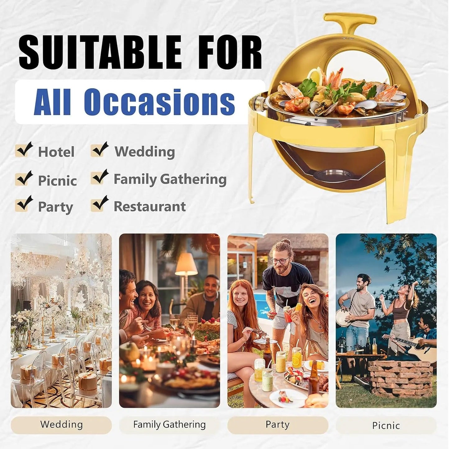 Chafing Dish - Warmhoudplaat - Buffetwarmer Set - Rechaud - Ronde RVS Warmer - 1 Stuks - 6QT - met Stevig Frame voor Feest en Bruiloft - Goud - QUORE